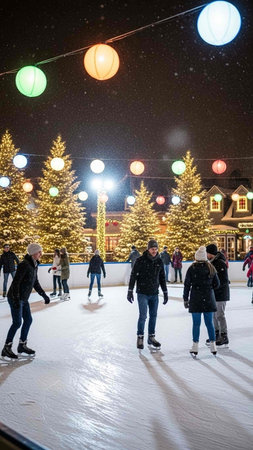Unidentified people ice skating on the ice rink in Moscow.