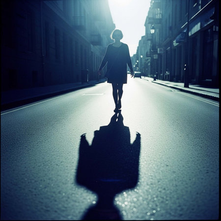 Silhouette of a woman walking on the street in the eveningの写真素材