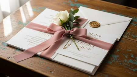 Wedding invitation with a beautiful bouquet of white roses on a wooden table