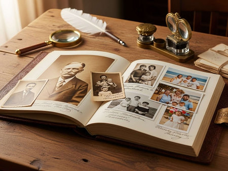 Vintage books on a wooden table with magnifying glass and penの写真素材