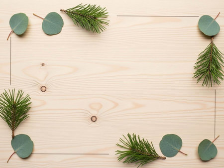 Christmas background with fir branches and eucalyptus branches on wooden backgroundの写真素材