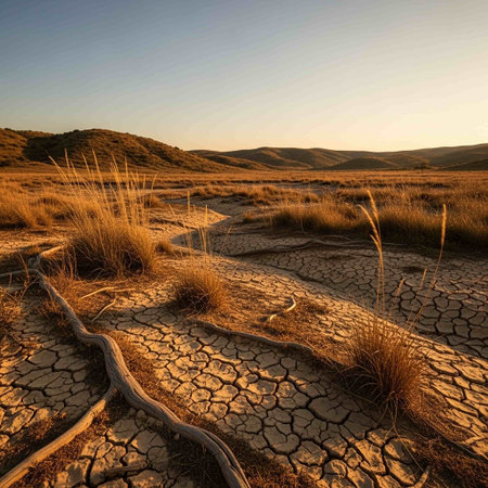 Dry land and dry grass in the desert at sunset. Nature backgroundの写真素材