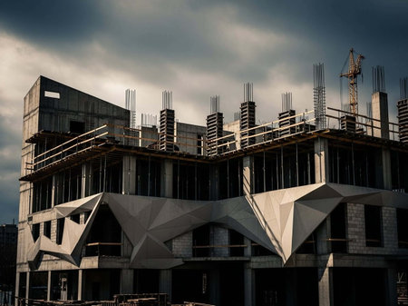 Modern building under construction with cranes and cloudy sky in background.の写真素材