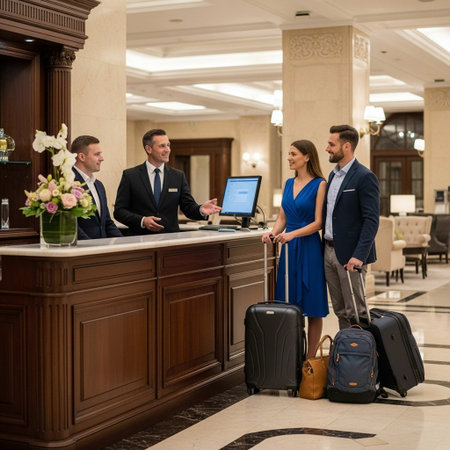 Businessman and businesswoman at reception desk in hotel lobby waiting for guestsの写真素材