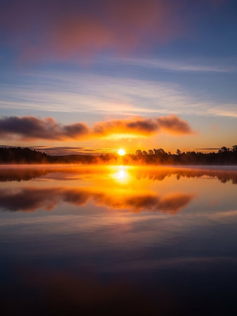 Beautiful sunrise over the lake with clouds reflected in the water.の写真素材