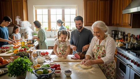 Portrait of a happy family preparing food in the kitchen at homeの写真素材