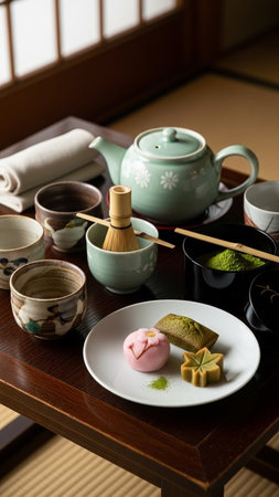 Japanese tea ceremony with sweets and teapot, close-upの写真素材