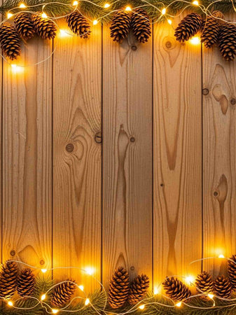 Christmas lights garland on wooden background with copy space. Top viewの写真素材