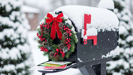 Mailbox with Christmas wreath and letters on the background of snowの写真素材