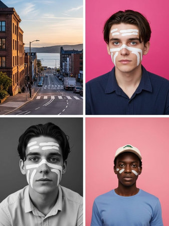 Collage of portraits of young man with vitiligo on his faceの写真素材