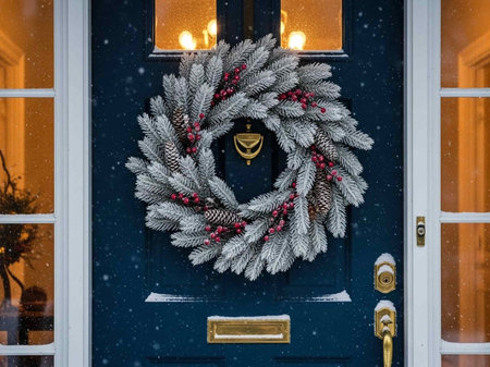 Christmas wreath on the door of a house in New York.の写真素材