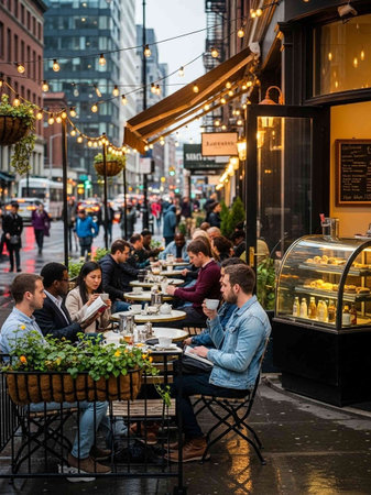 Unidentified people sitting at a table in the Covent Garden districtの写真素材