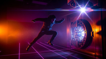 Cyberpunk style portrait of a young man dancing in front of a door.の写真素材