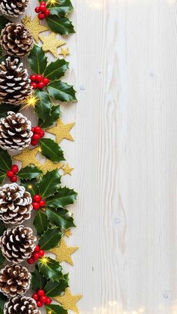 Christmas decoration with holly, pine cones and golden stars on wooden backgroundの写真素材