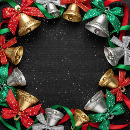 Christmas background with bells, bows and ribbons on black background.の写真素材