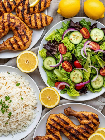 Grilled chicken breast with fresh vegetables salad and rice on wooden background. Top view.の写真素材
