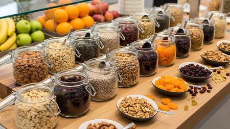 Assortment of nuts and dried fruits in glass jars on wooden tableの写真素材
