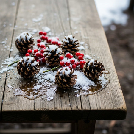 Pine cones with red berries covered with snow on a wooden tableの写真素材