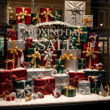 Christmas presents on display in a shop window in Paris, France.の写真素材