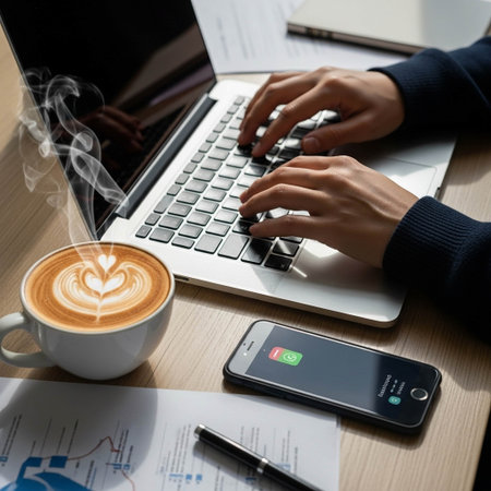 Close up of businesswoman hands typing on laptop computer with coffee cup and mobile phoneの写真素材