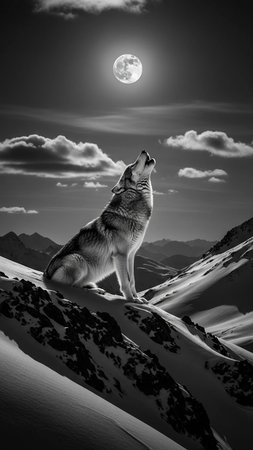 Wolf in the mountains at full moon night. Black and whiteの写真素材