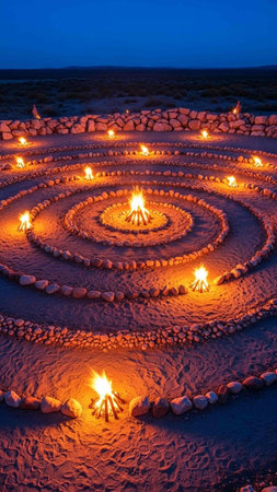Circle of candles at sunset. Long exposure.の写真素材