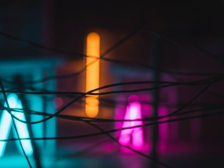 abstract background of electric garland in the dark, closeupの写真素材