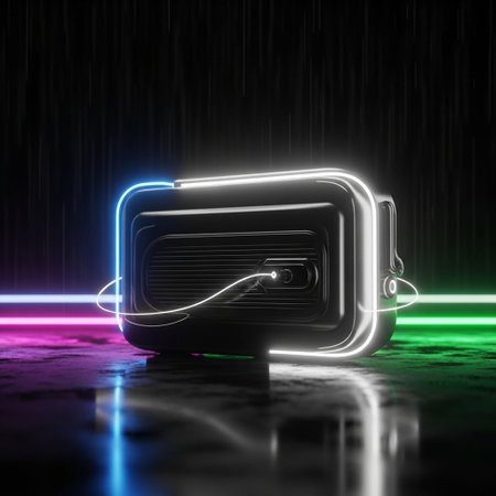 3d rendering of an old radio in neon light on a dark backgroundの写真素材