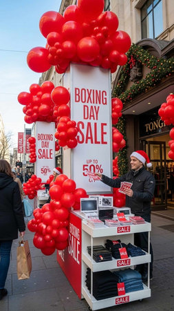 Man in Santa hat with red balloons at Christmas market in Strasbourg, Franceの写真素材