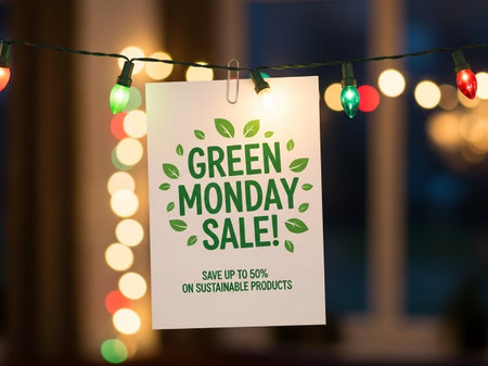 Green Monday sale sign hanging on the wall with bokeh backgroundの写真素材