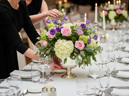 Beautiful bouquet of flowers in a vase on the tableの写真素材