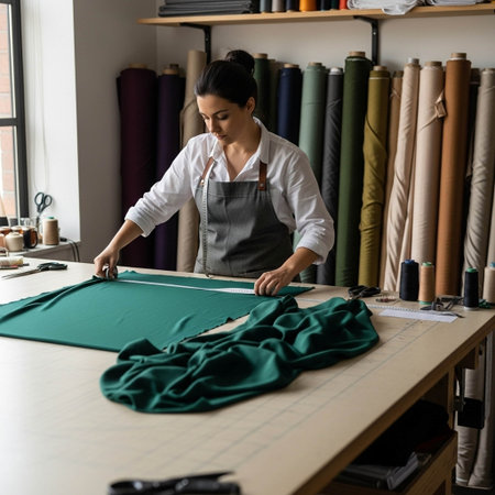 Fashion designer working on a new collection of clothes in her studioの写真素材