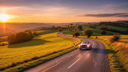 Aerial view of a vintage car driving on a country road at sunsetの写真素材