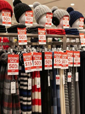 Sale tags on clothes hanger in clothing store. Seasonal discountの写真素材