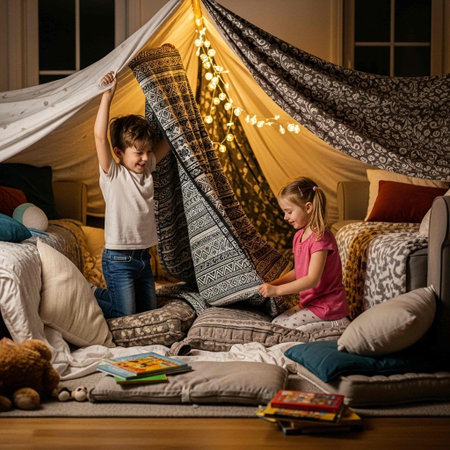 Children playing with a tent in the living room at home. Kids having fun together.の写真素材