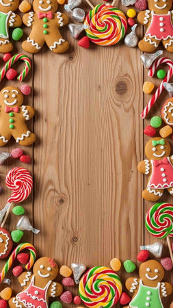 Christmas cookies and candies on wooden background. Top view with copy space