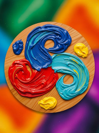 Colorful paint splashes on a wooden palette close-up.の写真素材