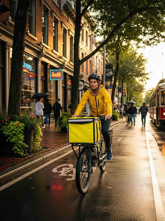 Young man riding a bicycle through the streets.の写真素材