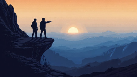 Two hikers with backpacks are standing on the edge of a cliff and looking at the sunset.の写真素材