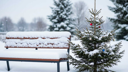 Wooden bench and christmas tree covered with snow in winter parkの写真素材