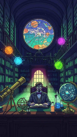 Illustration of a man reading a book in an old library.