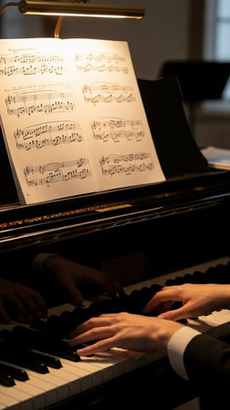 Pianist playing the piano in the concert hall, close-up