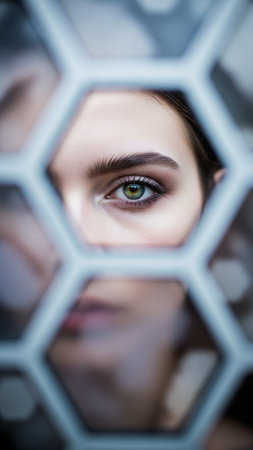 Closeup portrait of beautiful young woman with green eyes looking through the hexagonal windowの写真素材