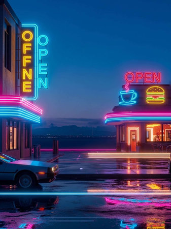 Neon sign of a restaurant on the street in the evening.の写真素材