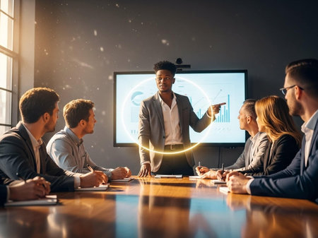 Young african american businessman giving presentation to his colleagues in conference roomの写真素材