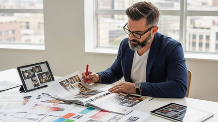 Serious mature businessman in glasses sitting at desk and reading magazineの写真素材