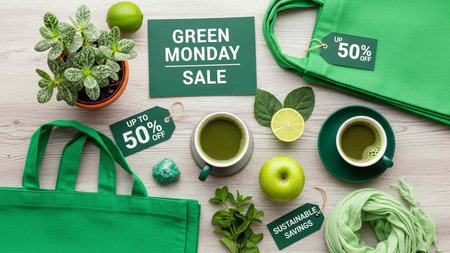 top view of green shopping bag, cup of coffee, green apple, green paper bag on wooden surfaceの写真素材