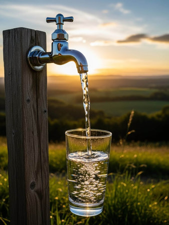 Pouring water into a glass at sunset in countryside, Czech Republicの写真素材