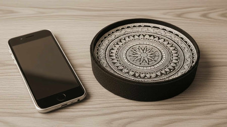 Smartphone and round box on a wooden background. The concept of modern technologies.