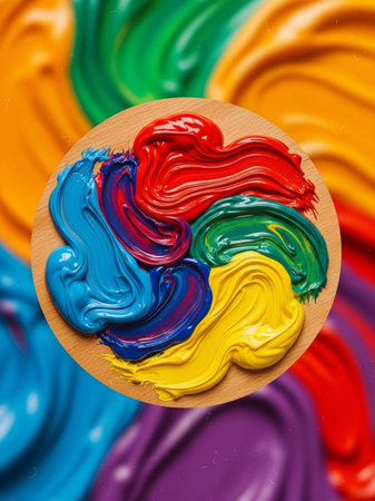 Colorful acrylic paint in the shape of a heart on a wooden background